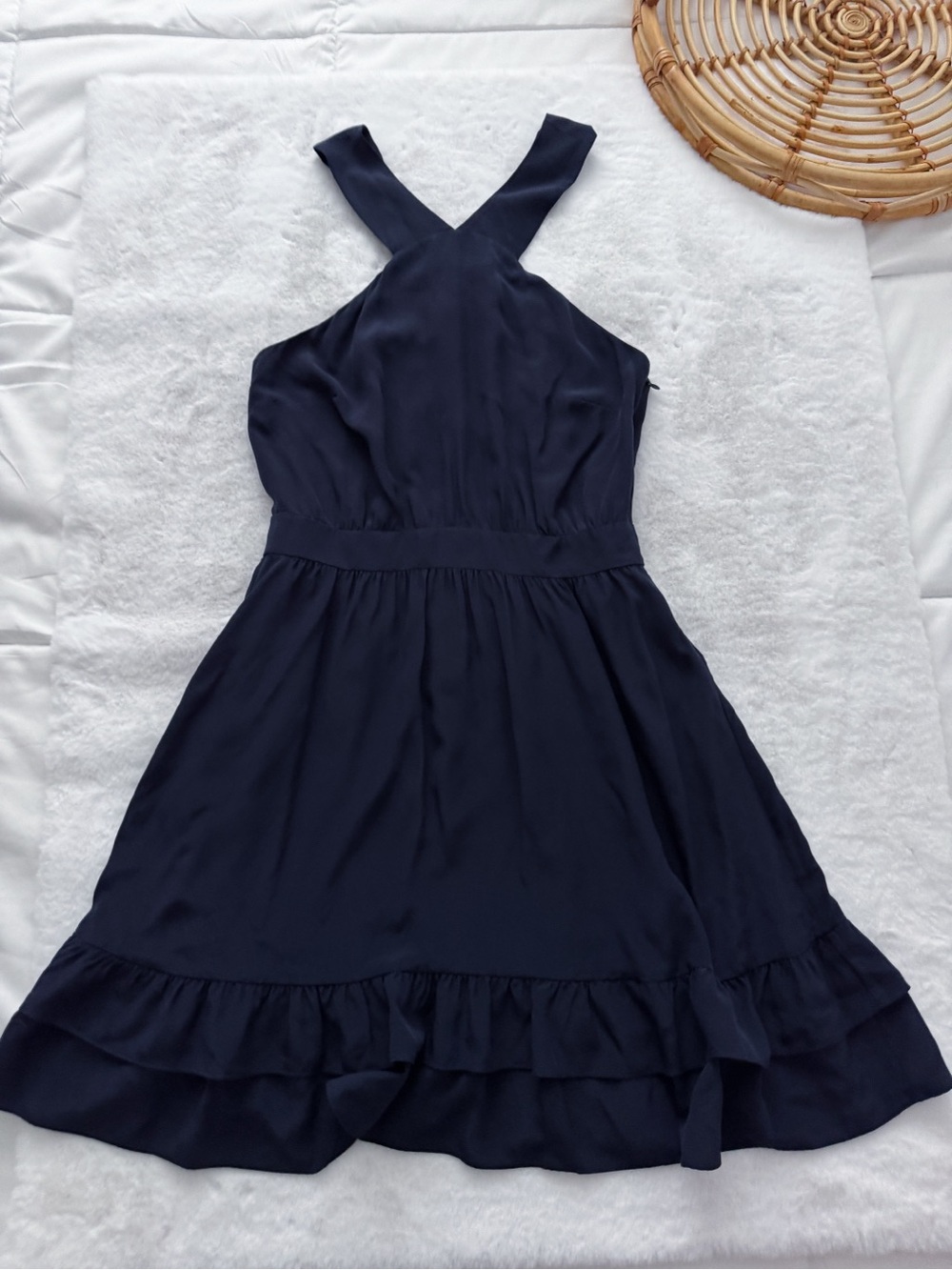 Sezane Editions Alma Silk Mini Dress Navy Blue Halter Open Back Ruffle - Picture 4 of 12